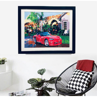 Framed canvas painting sports car and villa