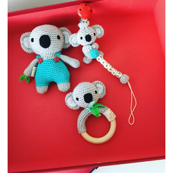 Koala set - soft toy , rattle on natural wooden ring & personalized pacifier clip ☘️