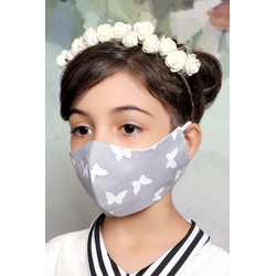 Gray with White Butterfly - 100% Cotton Washable Mask